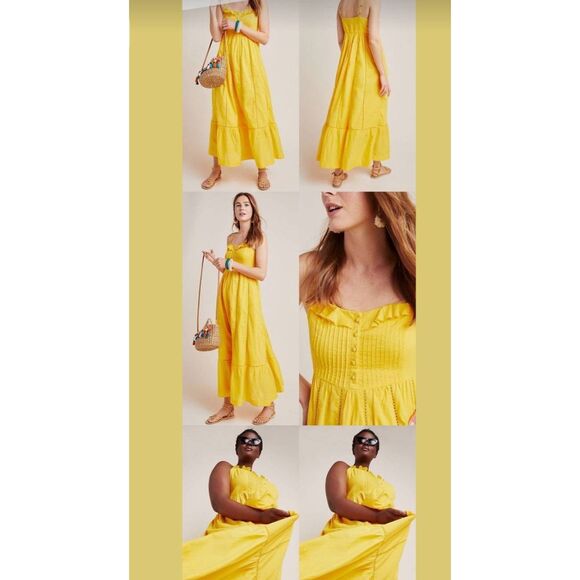 Anthropologie Maeve Yellow Pintuck Button Front Smocked Back Maxi Dress , EUC, S - Picture 3 of 16
